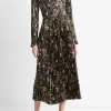 Orchid Vine Pleated Satin Long-Sleeve Dress