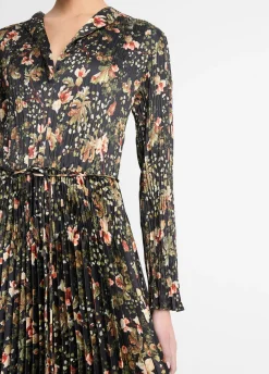 Orchid Vine Pleated Satin Long-Sleeve Dress