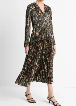 Orchid Vine Pleated Satin Long-Sleeve Dress