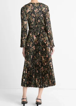 Orchid Vine Pleated Satin Long-Sleeve Dress