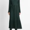 Pleated Satin Long-Sleeve Dress