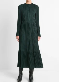 Pleated Satin Long-Sleeve Dress