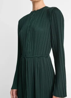 Pleated Satin Long-Sleeve Dress