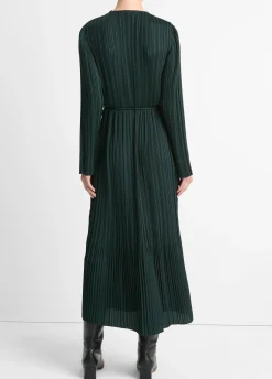 Pleated Satin Long-Sleeve Dress