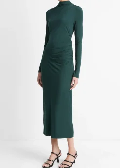 Ruched Long-Sleeve Turtleneck Dress