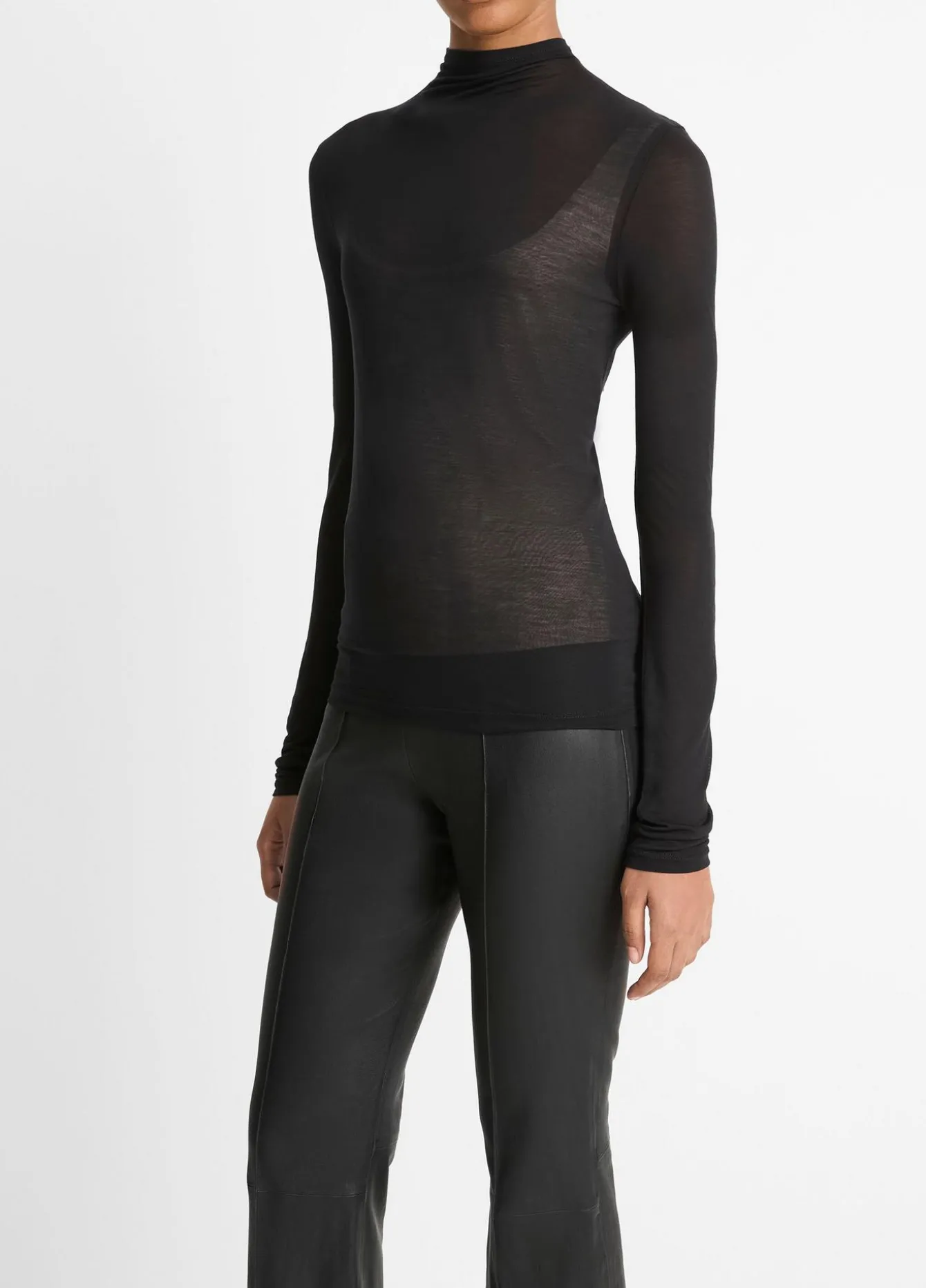 Sheer Long-Sleeve Mock-Neck Top