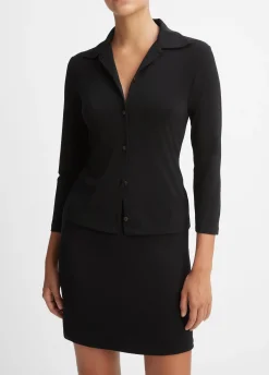 Three-Quarter-Sleeve Button-Front Polo Top