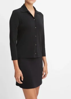 Three-Quarter-Sleeve Button-Front Polo Top